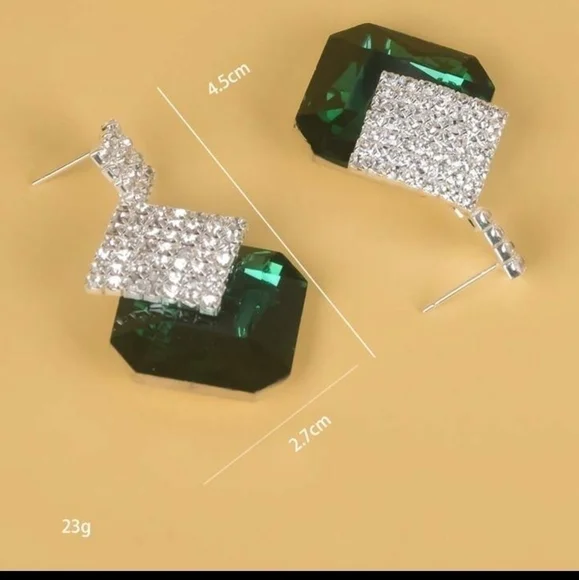 Green Square Glass Rhinestone Drop Earrings. New! - Picture 5 of 9